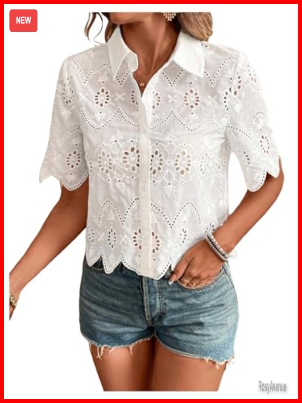 SweatyRocks Women's Polyester Button Down Eyelet Crop Blouse Short Sleeve